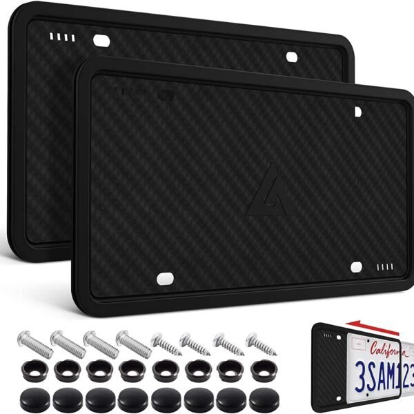 Aujen Silicone License Plate Frames,2 Pack Black Side-Opening License Bracket Holder with Easy Installation