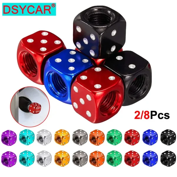 DSYCAR 2/8Pcs Aluminum Tire Valve Caps Dice Wheel Stem Tyre Tire Wheel Stem Air Valve